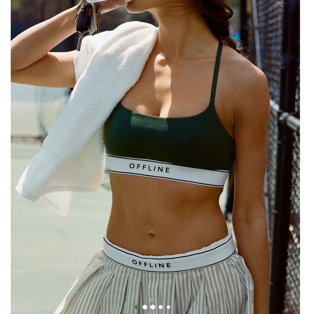 OFFLINE by Aerie The Hugger Logo Elastic Sports Bra Forest Green Logo Band Sz M